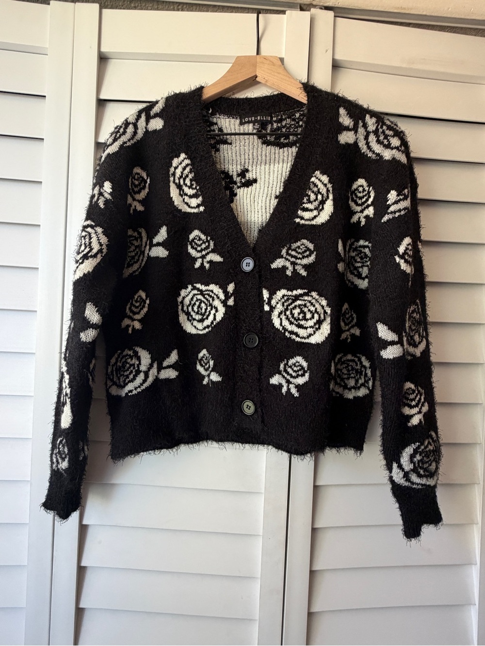 Love Ellie Black & White Rose Cardigan Sweater